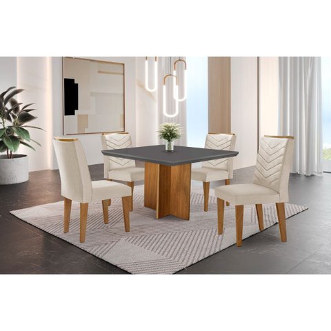 Conjunto Sala de Jantar Mesa Olímpia 90cm Mdf Canto Reto e 4 Cadeiras Liz Moderna