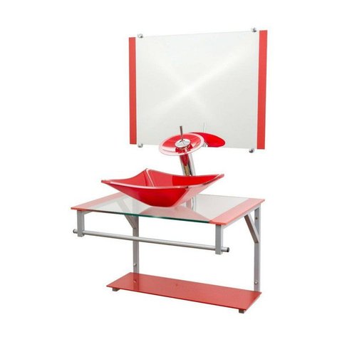 Gabinete de Vidro 60cm Cuba Retangular Vermelho + Torneira Cascata - Dahora