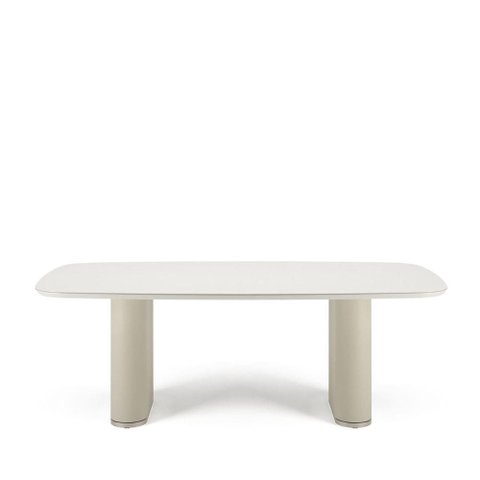 Mesa de Jantar Retangular C/ Vidro para 8 Lugares Lintz 219 Cm - Off White Fosco C/ Pu Bege -
