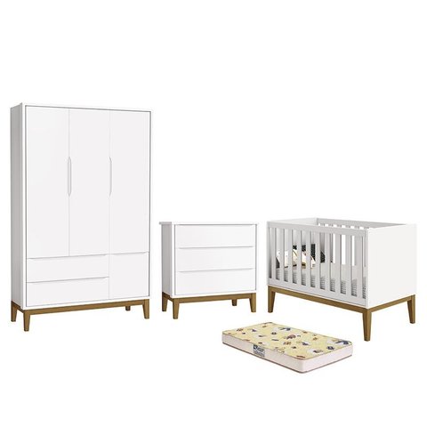 Dormitório Infantil Classic 3 Portas, Cômoda, Berço Branco com Pés Amadeirado e Colchão D18 - Reller
