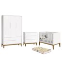 Ver imagem 1 de Dormitório Infantil Classic 3 Portas, Cômoda, Berço Branco com Pés Amadeirado e Colchão D18 - Reller