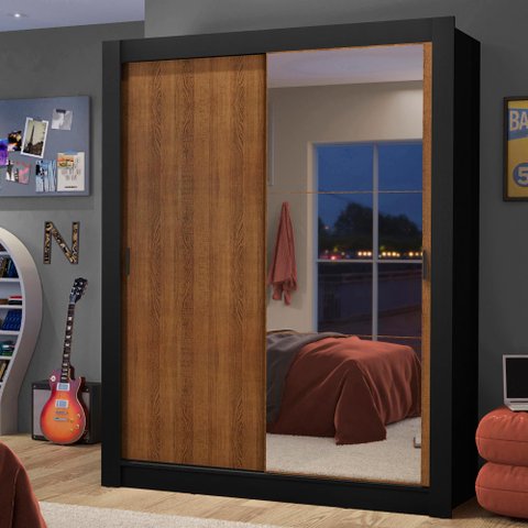 Guarda-Roupa Solteiro Madesa Dallas 2 Portas de Correr com Espelho 2 Gavetas Preto/Rustic Cor:Preto/