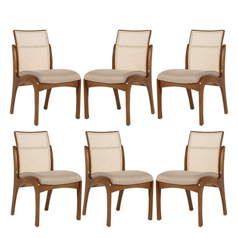 Kit 6 Cadeiras de Madeira para Mesa de Jantar com Encosto Tela Lisboa Linho Bege M58 Rmi