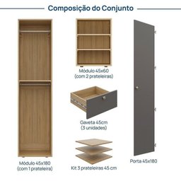 Guarda-Roupa 2 Módulos 1 Porta e 3 Prateleiras 3 Gavetas Frame CabeCasa MadeiraMadeira - 3