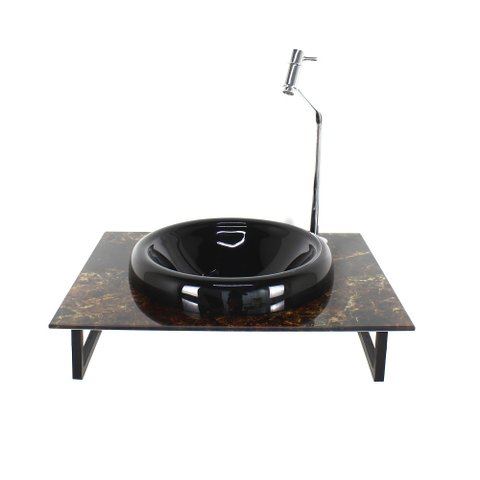 GABINETE DE VIDRO BANHEIRO 50CM COM BANCADA MARMORIZADA MARMORE IMPERADOR MAIS TORNEIRA CROMADA