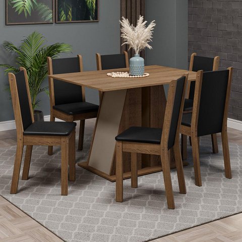 Conjunto Sala de Jantar Mesa Tampo de Madeira 6 Cadeiras Rustic/crema/preto Wendy Madesa