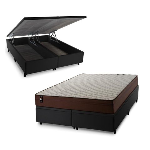 Conjunto Box Baú Super King Atlanta Preto 193x203x69 Espuma D45