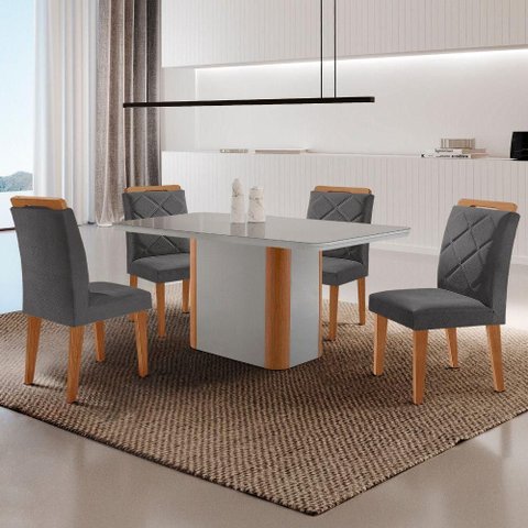 Mesa de Jantar Isadora com 4 Cadeiras Moderna Mobilia Veludo Grafite/off /nat/serig. Off com Vidro