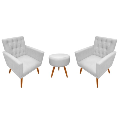 Kit 2 Poltronas Decorativa Nina Capitonê + Puff Redondo Couro Branco Pés Madeira Mz Decor