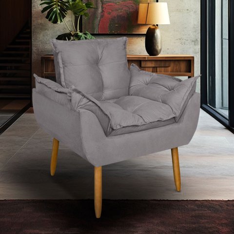 Poltrona Opala para Sala Clínica Salão Pés de Madeira Suede Cinza
