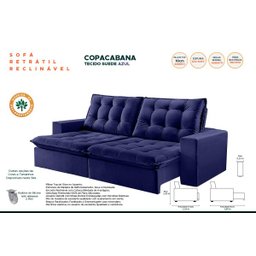 Sofá Retrátil e Reclinável Copacabana Tecido Suede Azul com 2,10M - Razone Estofados - 2