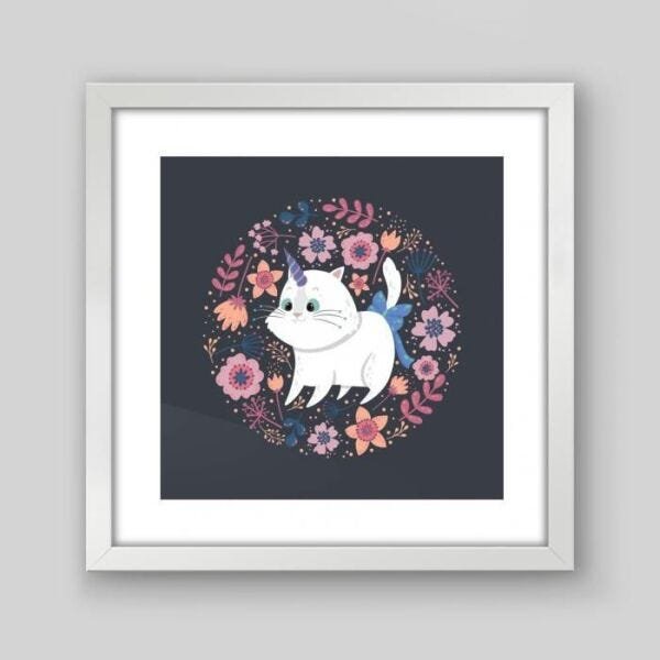 Quadro Infantil Gato & Flores - 40x40cm - Moldura Padrão Branco - 1