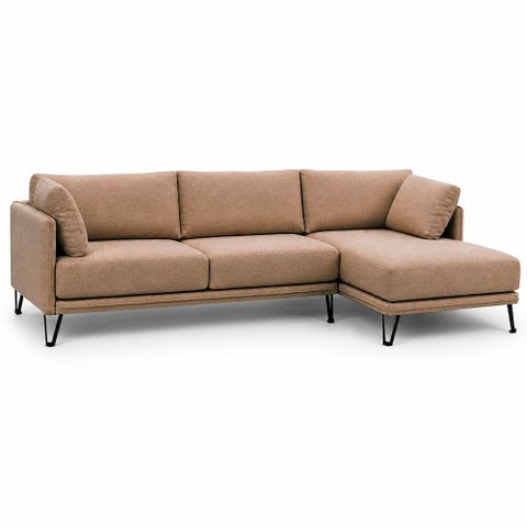Sofá Sala de Estar Atena Chaise Direito Pés de Ferro 284cm 5 Lugares Linho Marrom Claro M1 - Monari 