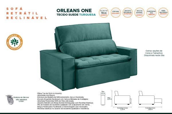 Sofá Retrátil e Reclinável Orleans One Tecido Suede Turquesa com 1,70M - Razone Estofados - 2