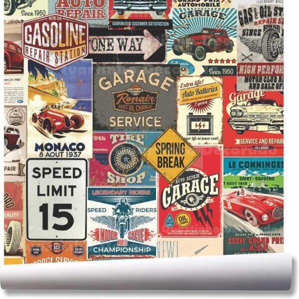 Papel De Parede Placas Garagem Vintage Kit 02 Rolos A258 - 1