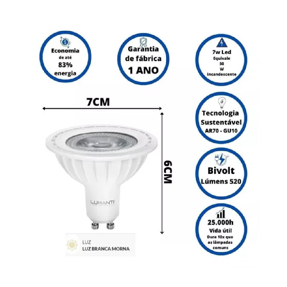 Kit com 5 Lâmpadas Led Ar70 7w 3000k Luz Amarela - Lumanti - 2