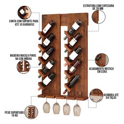 Kit 02 Adegas De Parede Kansas Madeira Maciça 10 Garrafas Suporte Para Taças W02 Imbuia - Lyam - 4
