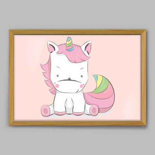 Quadro Infantil Cartoon Unicorn - 60x40cm - Moldura Padrão Madeira - 1