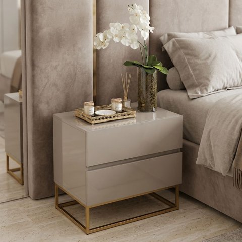 Kit 2 Mesas de Cabeceira 2 Gavetas Eros 45cm Off White Pés Ferro Industrial Dourado Design Moderno