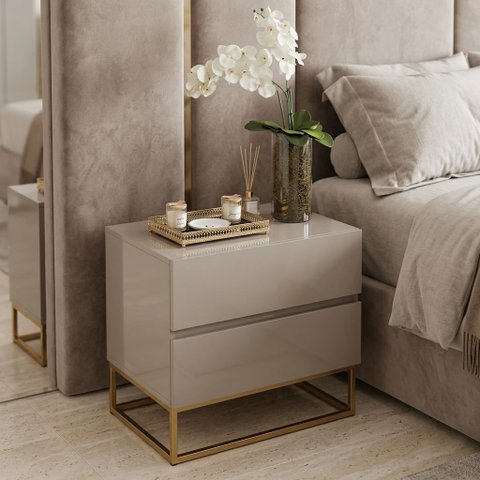 Kit 2 Mesas de Cabeceira 2 Gavetas Eros 45cm Off White Pés Ferro Industrial Dourado Design Moderno