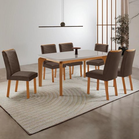Conjunto Mesa de Jantar 180cm com 6 Cadeiras Estofadas Multimóveis Crrft-CON046 Madeirado/Off White