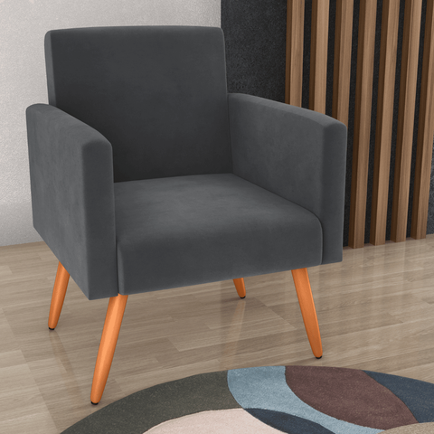 Poltrona Lyon Cinza em Veludo 64cm com Espuma D20 para Sala Quarto e Escritório