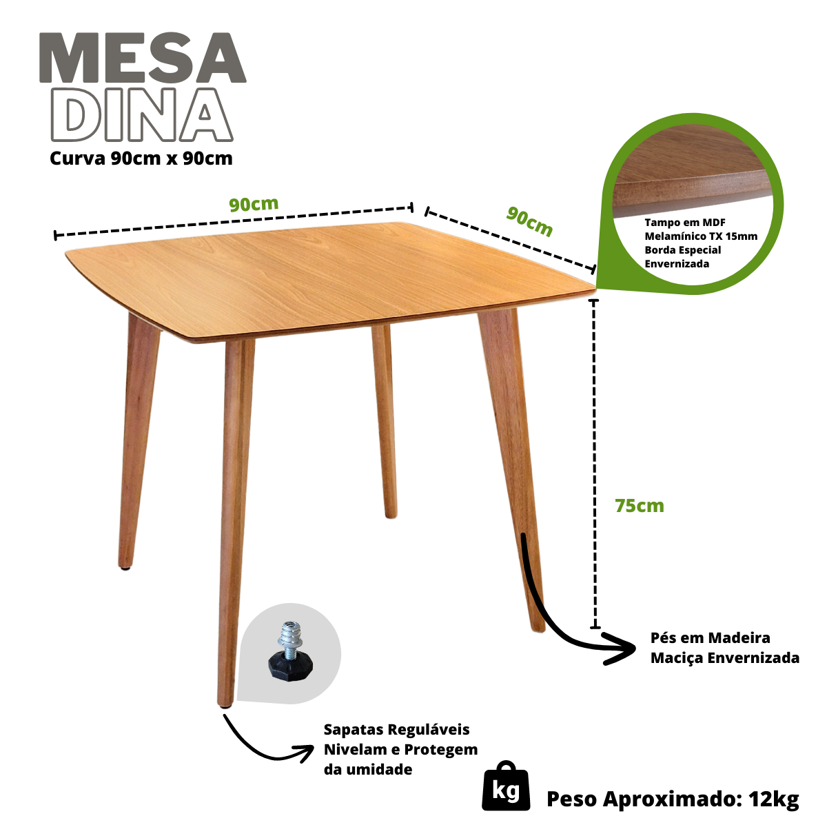 Mesa de Jantar Quadricurva 90x90cm 4 Lugares em Madeira - Dina - Freijó - 2