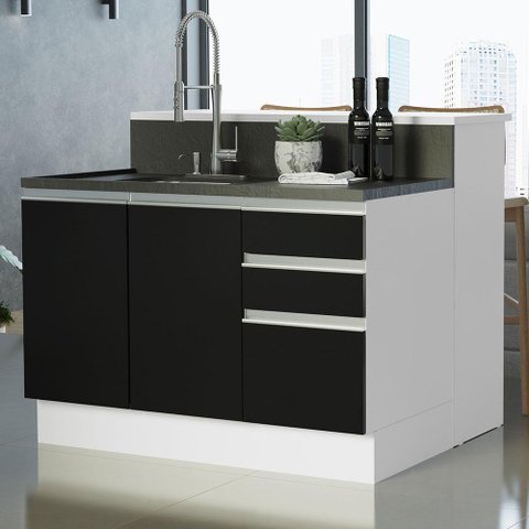 Ilha de Cozinha com Bancada e Balcão 120 Cm Branco/preto Glamy Madesa Branco/preto