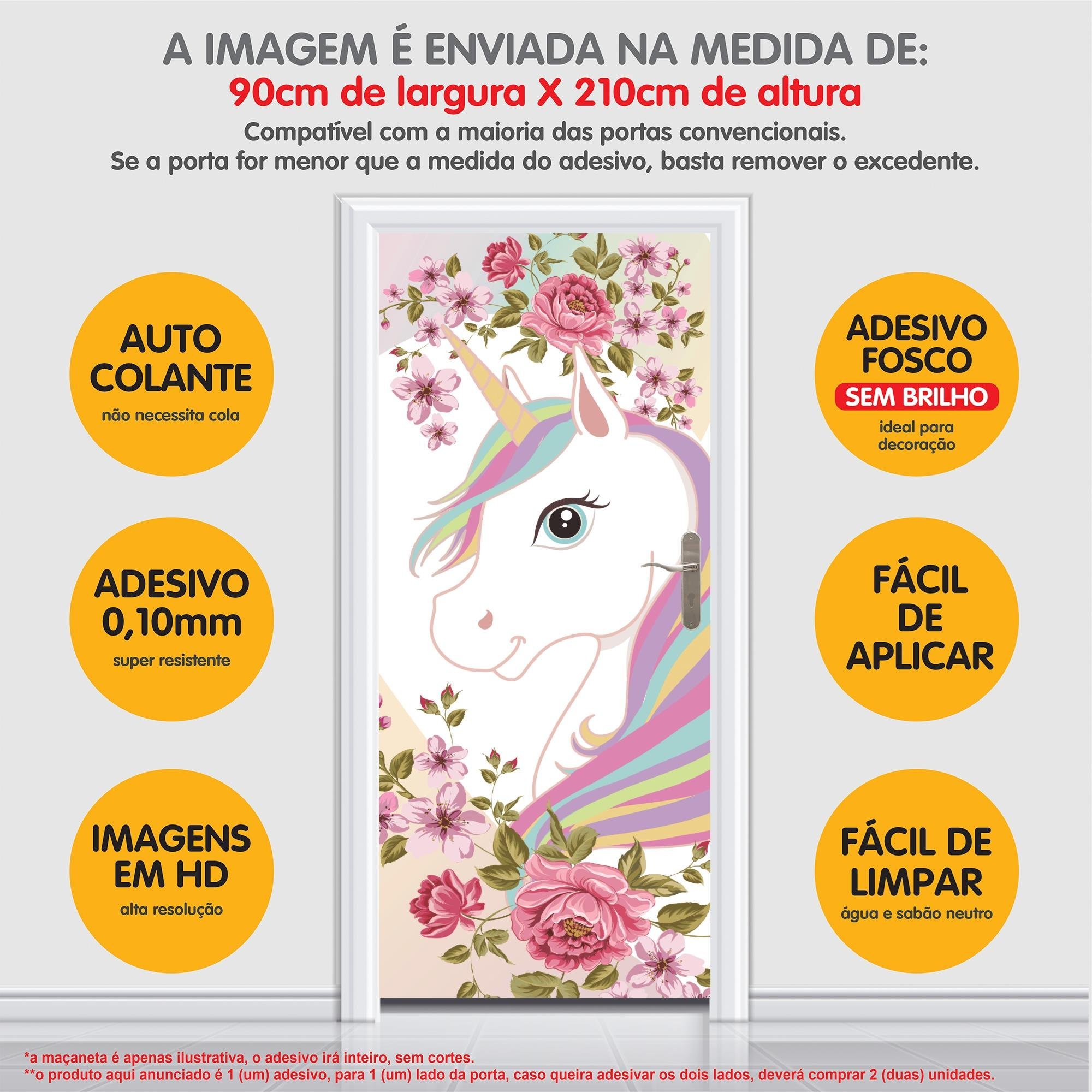 Adesivo Decorativo Porta Unicórnio Infantil Menina Flores - 5