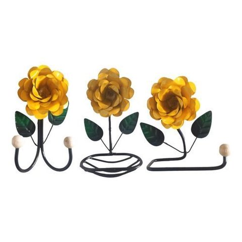 Kit 3 Peças para Banheiro com Flores em Ferro:amarelo