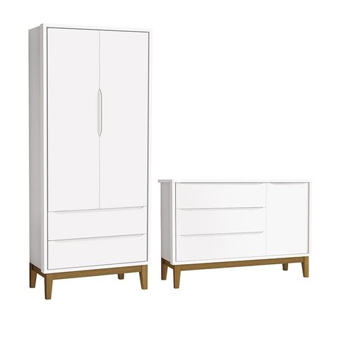 Jogo de Quarto Infantil Guarda Roupa 2 Portas e Cômoda 1 Porta Classic Branco Fosco com Pés Amadeira
