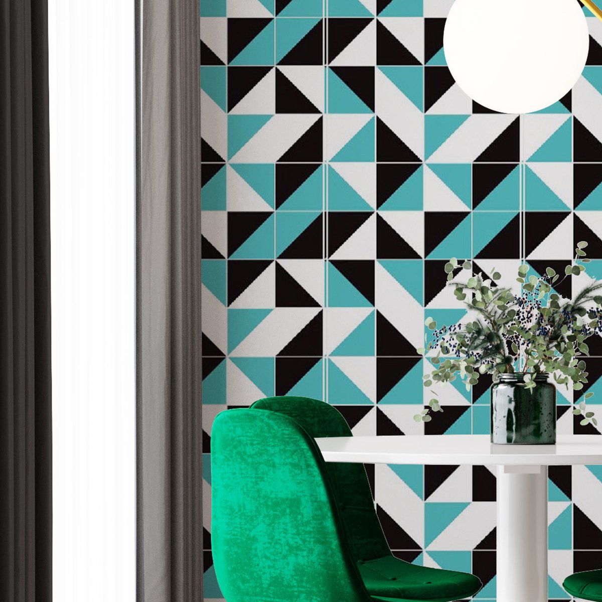 Papel de Parede Adesivo Lavável Triângulos Preto e Verde Quarto Sala 3m - 7