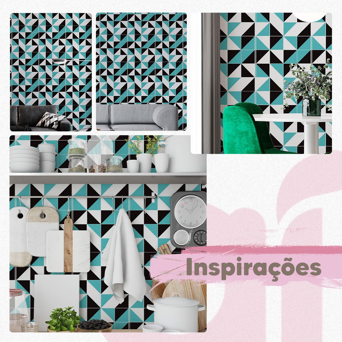Papel de Parede Adesivo Lavável Triângulos Preto e Verde Quarto Sala 3m - 5