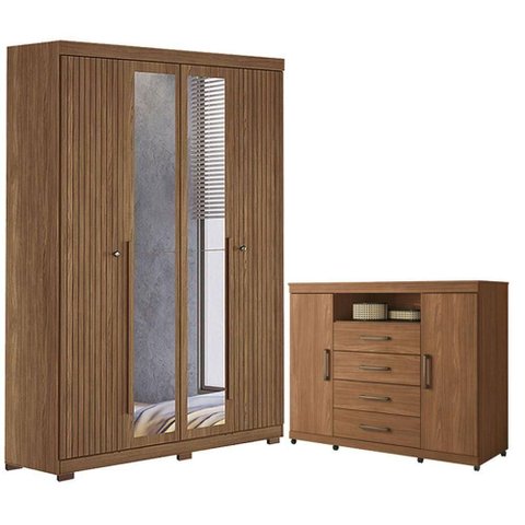 Guarda Roupa Casal com Cômoda Buriti Havana Master 6 Portas Bater 4 Gavetas MDF-MDP Espelho Pés