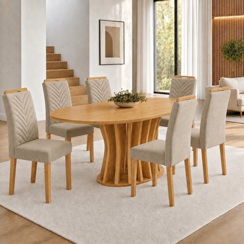 Conjunto de Sala de Jantar 6 Lugares Mesa Orgânica e Cadeiras Carol Cinamomo e Bege