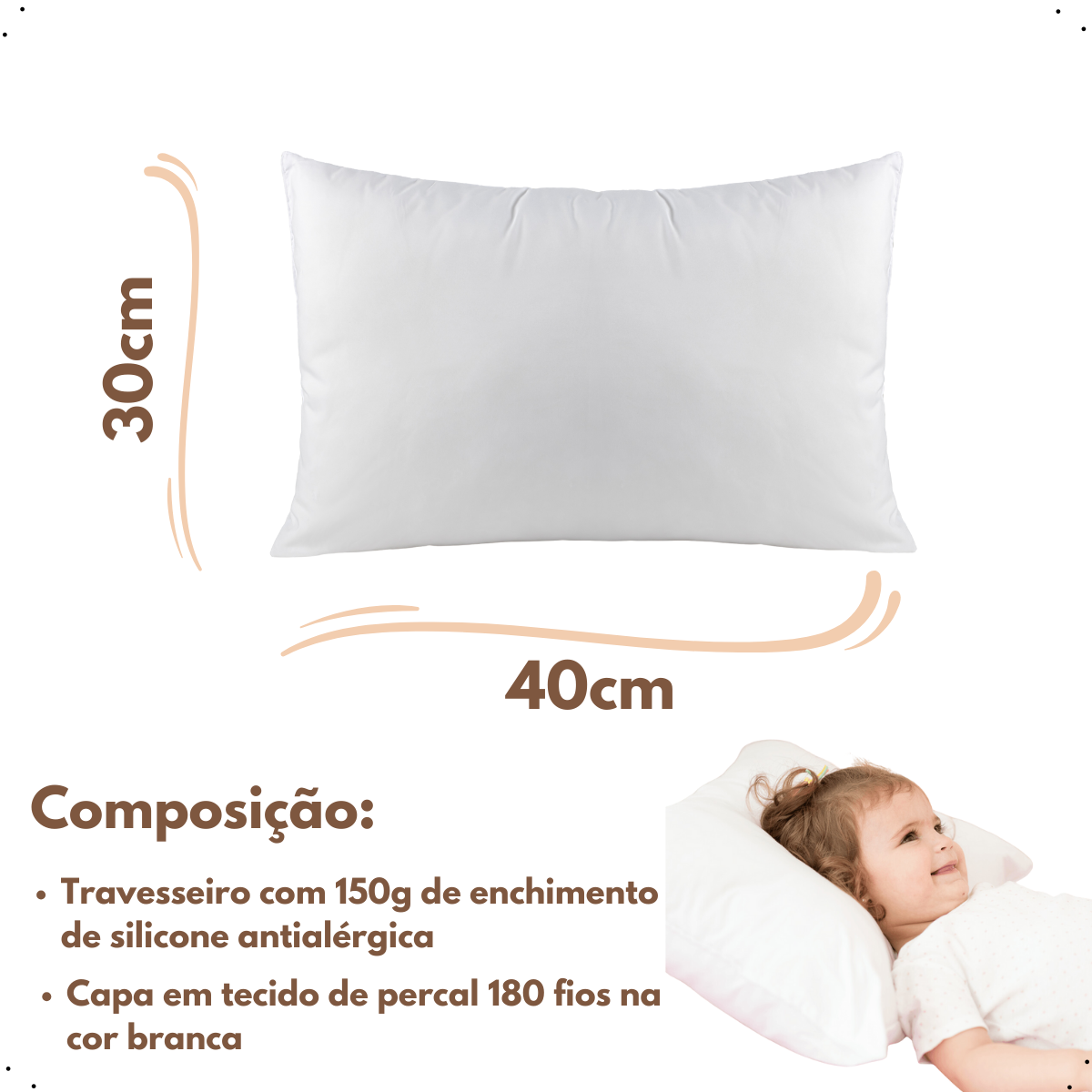 Travesseiro de Bebe 40cm X 30cm de 0 a 2 Anos Recem Nascido - 3