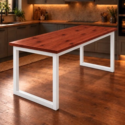 Mesa de Jantar Reforçada Industrial 200x50cm Tampo Vermelho Pés Branco
