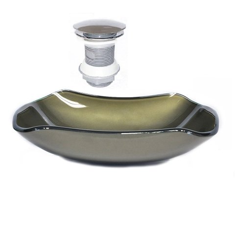 Cuba de Vidro Abaulada 51cm Ouro Envelhecido + Valvula Click