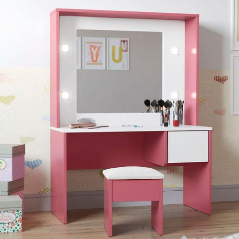 Penteadeira Infantil Aquarel com LED MDF-MDP Branco e Rosa Oft Móveis