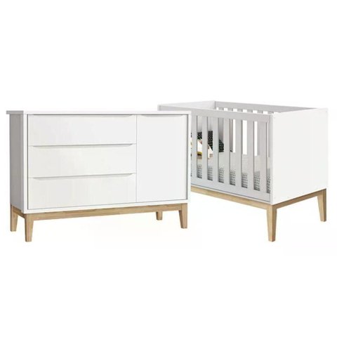 Jogo de Quarto Cômoda com Porta e Berço Americano Classic MDF Branco Fosco Reller Móveis