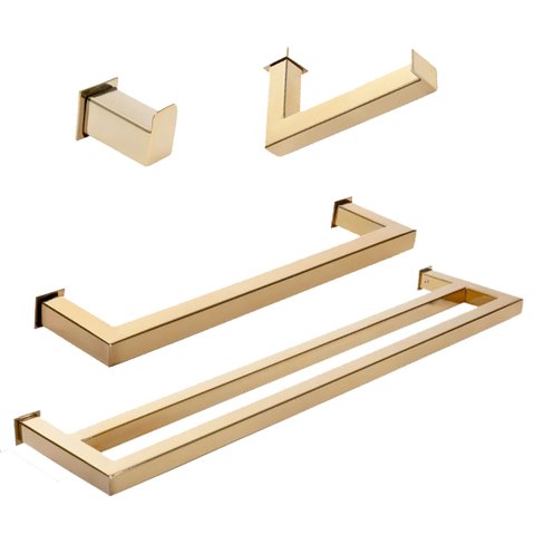 Kit de Acessórios para Banheiro com 4 Peças em Aço Inox Dourado Linha Larissa com Toalheiro Duplo St