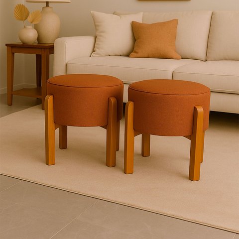 Kit 2 Puff Banqueta Redondo Zoe Linho Terracota Decorativo Base de Madeira - Arkell