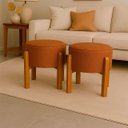 Ver imagem 1 de Kit 2 Puff Banqueta Redondo Zoe Linho Terracota Decorativo Base de Madeira - Arkell
