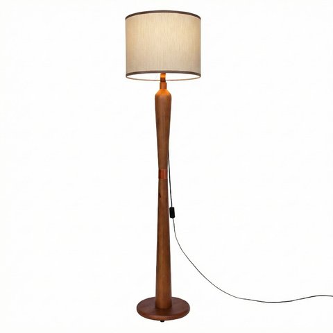 Luminária de Chão Master 160cm Madeira Maciça Cobre Bivolt E27 Cúpula - Palha/Corino