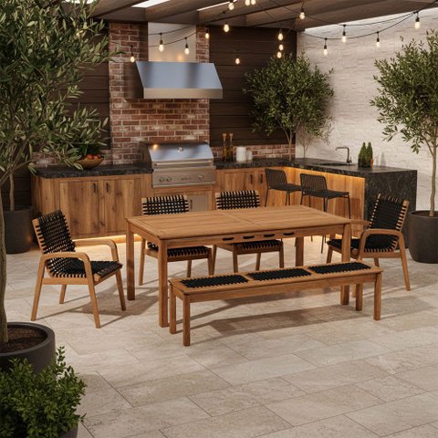 Mesa de Jantar com Banco de Madeira 180cm e 04 Cadeiras Trammare C07 Corda Preta - Lyam Decor