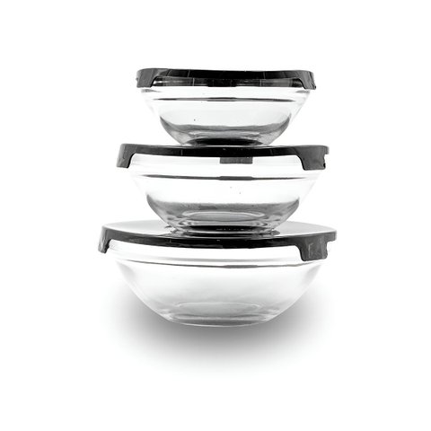 Conjunto 3 Tigelas de Vidro com Tampa Preta - 550/400/200ml