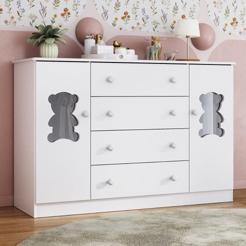 Cômoda Infantil 125cm 2 Portas com Vidro e 4 Gavetas Teddy Multimóveis Mp4490 Branco