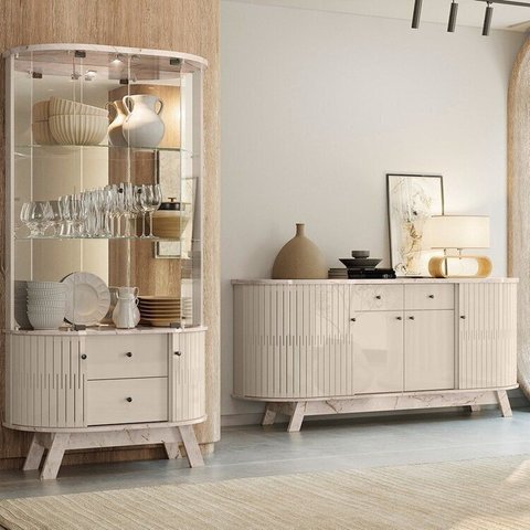 Conjunto Buffet Monaco e Cristaleira Moss MDF LED Vidro Calacata/Off White Madetec