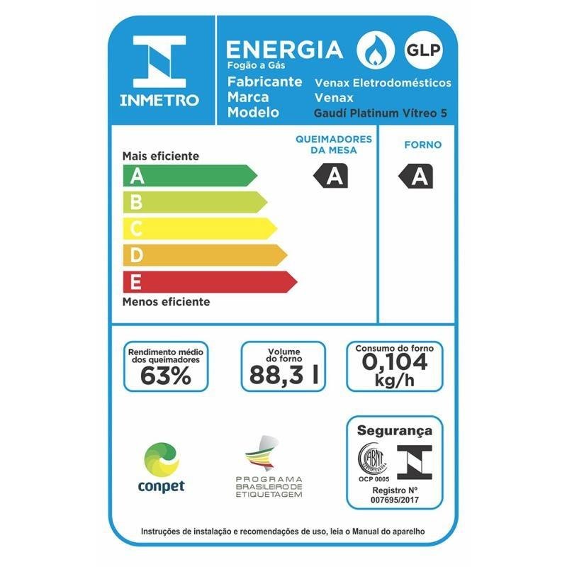 FOGAO A GAS DE EMBUTIR 5 BOCAS VENAX GAUDI PLATINUM VITREO PRETO GAS GLP 127 V - 10