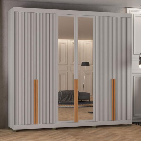 Guarda Roupa Casal 100% MDF 6 Portas com Espelho 4 Gavetas 235x250 cm Cinza Casamia